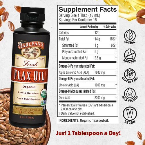 Vista 2 de Barlean's - Aceite de linaza orgánico líquido de semillas frescas de lino prensadas en frío, 7,640 mg ALA Omega 3 suplemento de ácidos grasos