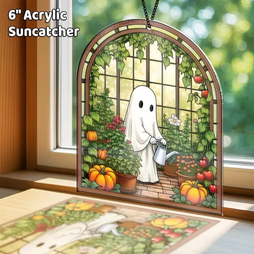 Vista 3 de 2 bonitos atrapasoles de decoración de Halloween, 6 pulgadas, espeluznante planta fantasma, para colgar en la ventana, fantasma con gato negro