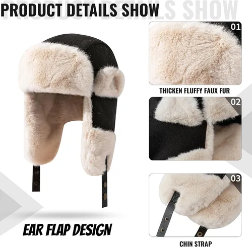 Vista 4 de CLAPE Sombreros de trampero de invierno cálido de soldado ruso sombrero de piel sintética con solapa para la oreja gorra de aviador unisex Ushanka