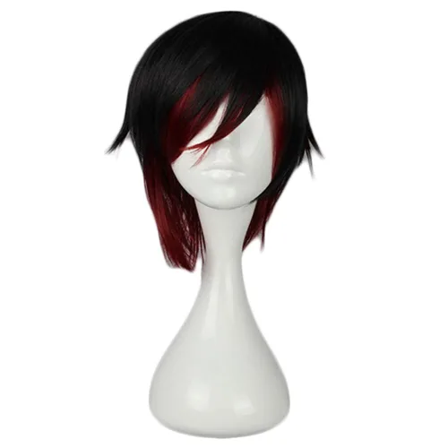 Vista 5 de COSPLAZA Cosplay Pelucas sintéticas rwby rosa rubí corto negro rojo femenino Anime show resistente al calor partido pelo (negrorojo)