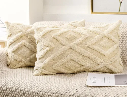 Vista 12 de Juego de 2 fundas de almohada de piel sintética beige de 16x16, funda de almohada decorativa de cuadros suave estilo boho para sofá, cama, sala