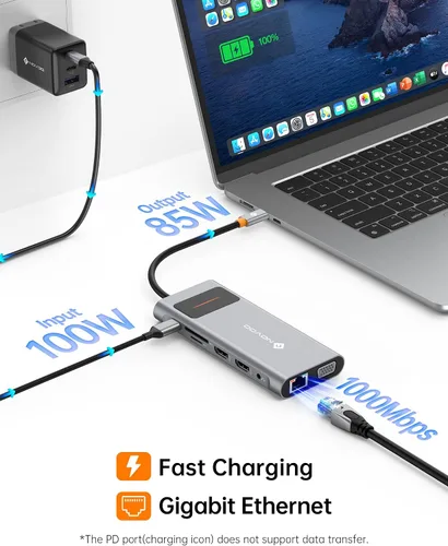Vista 5 de NOVOO Estación de acoplamiento USB C Monitor dual HDMI para laptop Dell HP Tipo USB C Hub Adaptador multipuerto Thunderbolt 3 Dongle a 2 HDMI 4K Gris