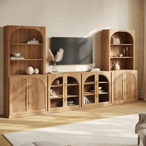 Vista 70 de BELLEZE Centro de entretenimiento modular de 4 piezas con almacenamiento, 2 vitrinas de madera moderna con gabinete arqueado y 2 armarios de puerta
