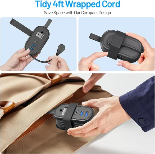 Vista 4 de BEVA Regleta de alimentación de viaje con puertos USB C, cable de extensión de 4 pies, 2 tomacorrientes, 3 puertos USB, artículos esenciales
