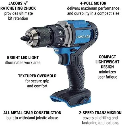 Vista 2 de HERCULES Taladro/destornillador compacto inalámbrico de litio de 20 V de 1/2 pulgadas, solo herramienta