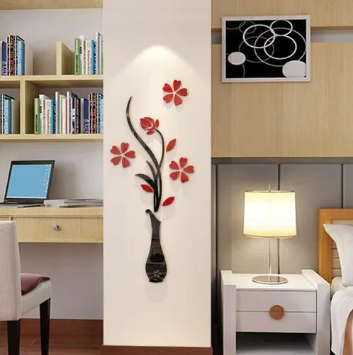 Vista 4 de Murales de pared con jarrón 3D para sala de estar, dormitorio, sofá, telón de fondo de televisión, calcomanías originales, regalo, calcomanía de Rojo