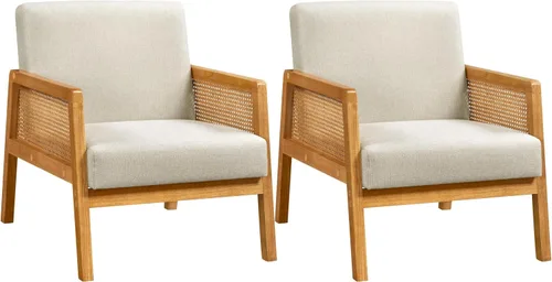 Vista 12 de Yaheetech Silla decorativa, sillón moderno de ratán, cómoda silla de lino con patas de madera para sala de estar, dormitorio, sala de lectura Beige