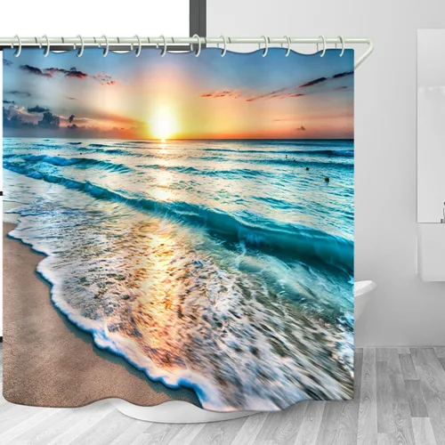 Vista 8 de LYFANS El baño tiene una cortina de ducha de playa al atardecer y la bañera tiene una lujosa cortina de ducha estándar. Cortina de ducha de tela