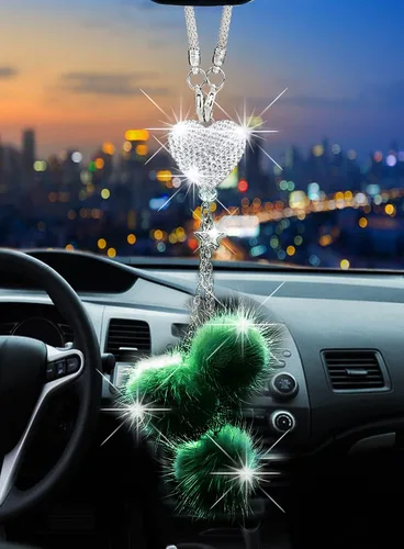 Vista 9 de Glamorosa decoración colgante de espejo de coche con cabeza de zorro azul oscuro, adorno de automóvil con temática animal para mujeres y hombres