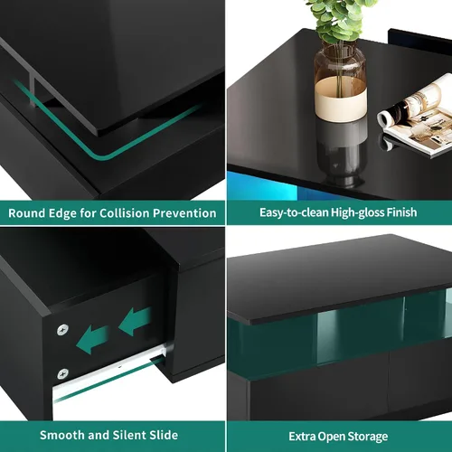 Vista 6 de YITAHOME - Mesa de café LED con almacenamiento, mesas de café LED de alto brillo para sala de estar, mesa de café negra moderna rectangular, mesa