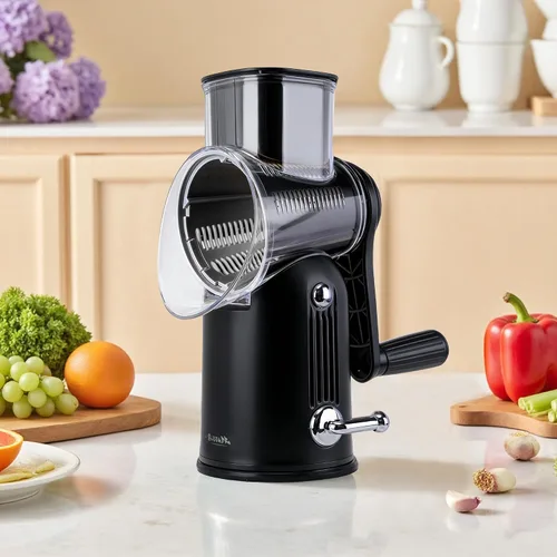 Vista 2 de Rallador de queso giratorio con asa, incluye 5 cuchillas de acero inoxidable y cuenta con una base de succión fuerte, fácil de limpiar, trituradora