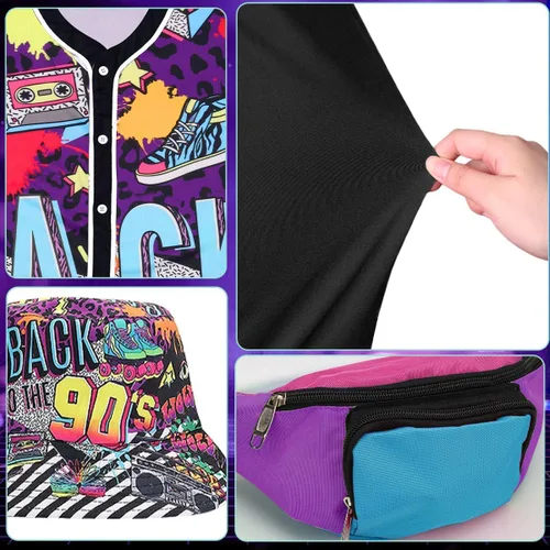 Vista 3 de Traje de los años 80 y 90 para mujer, camiseta de béisbol, pantalones cortos, riñonera, disfraz de fiesta retro, accesorios de representante