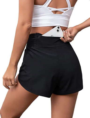 Vista 3 de BMJL Pantalones cortos deportivos de cintura alta para mujer, ligeros, para correr, gimnasio, entrenamiento, con bolsillo trasero
