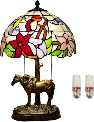 Vista 10 de Tiffany - Lámpara de mesa estilo rosas multicolor, lámpara de mesa con vitrales de 12 pulgadas de alto de 19 pulgadas, mesita de noche, mesita