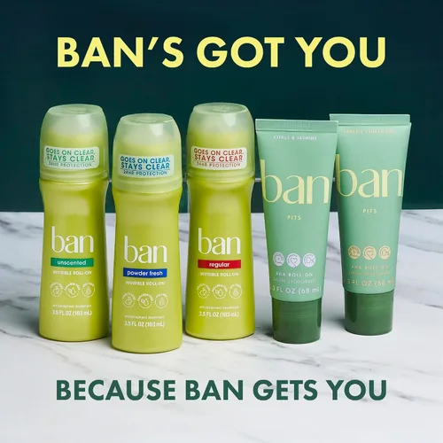 Vista 9 de Desodorante antitranspirante roll-on sin perfume, original de Ban (3.50 onzas), paquete de de 4 24-Hour Sweat and Odor Protection, No White