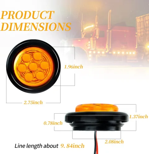 Vista 6 de Paquete de 4 luces LED selladas, impermeables, redondas, redondas, de 2 pulgadas, color ámbar, 7 luces LED de señal, con ojales de goma, montaje
