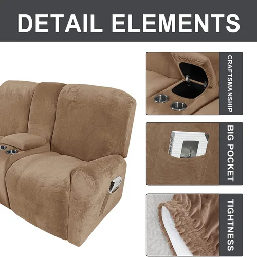 Vista 3 de Aedlcal Funda reclinable para sofá biplaza, 8 piezas de terciopelo elástico para sofá reclinable con consola central, funda de sofá reclinable de 2