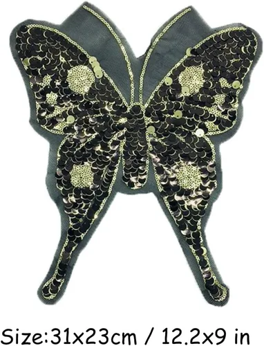 Vista 2 de Parche de lentejuelas de mariposa negra brillante, parches bordados con cuentas para coser ropa, sombreros, mochilas, disfraces, bolsos, decorativos