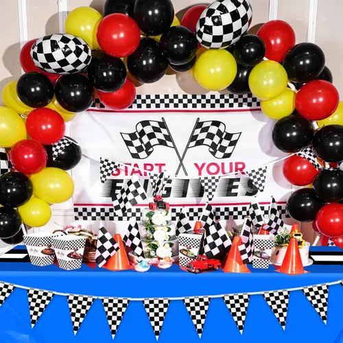 Vista 5 de Irenare 3 hojas de suministros para fiesta de cumpleaños de automóvil, decoraciones de fiesta de carreras, mantel de camino de mesa de carreras, Azul