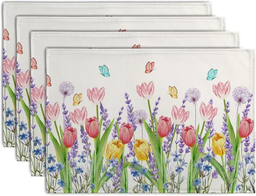 Vista 62 de Juego de 4 manteles individuales del 4 de julio, manteles individuales patrióticos florales con cruces y estrellas del Día de la Independencia y Día