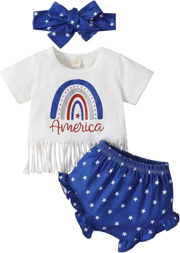 Vista 27 de Conjunto de camiseta y pantalones cortos para bebé niña del 4 de julio, camiseta y pantalones cortos para el Día de los Caídos