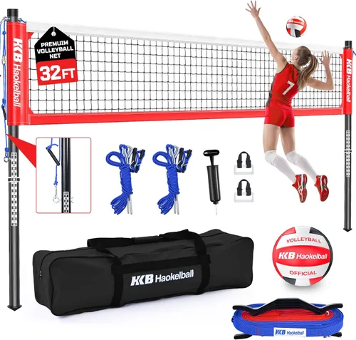 Vista 9 de Outdoor Volleyball Net Set for Backyard, 32FT Regulation, 3-Level Adjustable Height & Anti-Sag Tension System, Heavy Duty Thick Poles, Includes