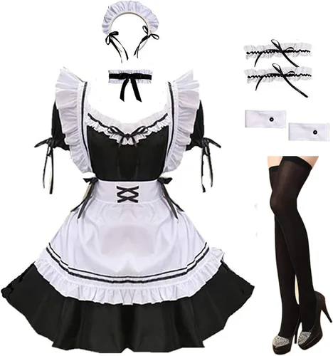 Vista 6 de GRAJTCIN Disfraz de sirvienta francesa de anime para mujer disfraz de cosplay de Lolita con calcetines