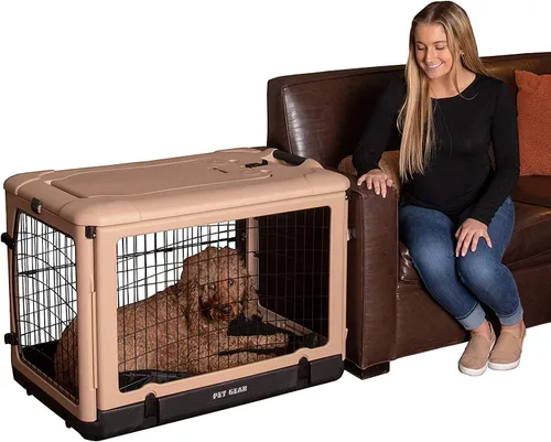 Vista 14 de Pet Gear The Other Door - Caja de acero de 4 puertas para perros/gatos, 27 pulgadas, color beige Puerta estilo garaje, incluye cama de felpa