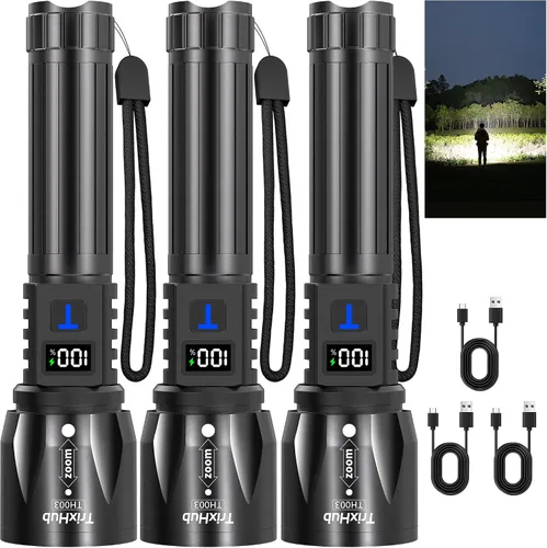Vista 10 de TrixHub Linternas recargables de alto lúmenes, 2 unidades, luz de flash de 5 modos con pantalla digital LCD, linterna táctica ajustable súper