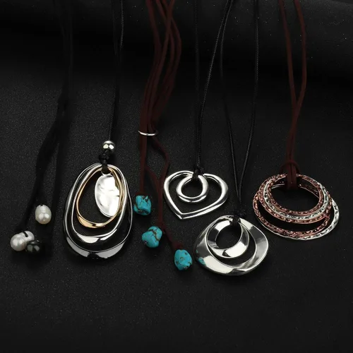 Vista 7 de ORAZIO 6 collares largos con colgante para mujer, joyería de moda, simple, larga, con forma de corazón de hoja de pluma, turquesa, collar en Y