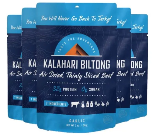 Vista 6 de Ajo Kalahari Biltong, carne de res en rodajas finas secadas al aire, 2 onzas (paquete de 1), sin azúcar, sin gluten, keto y paleo, aperitivo alto