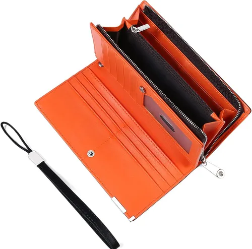 Vista 5 de Huztencor Billeteras largas para hombre de cuero RFID bloqueo billetera plegable con cremallera