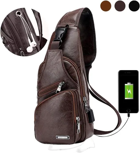 Vista 3 de JUMO CYLY Bolso bandolera de cuero para hombres y mujeres, bolso de hombro impermeable pequeño y ligero, Pequeño marrón oscuro, Viajar