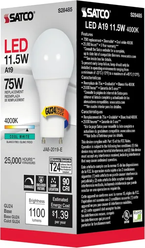 Vista 5 de Satco S28485, 11.5 vatios, 90CRI, 4000K, base GU24, ángulo de haz de 220 grados, 120 voltios, 1100 lúmenes, CEC, bombilla LED A19