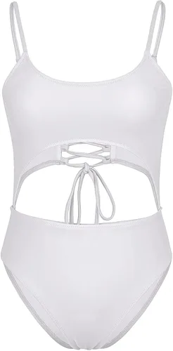 Vista 4 de Meyeeka Monokini con cuello redondo para mujer, parte delantera de encaje, corte alto, una pieza