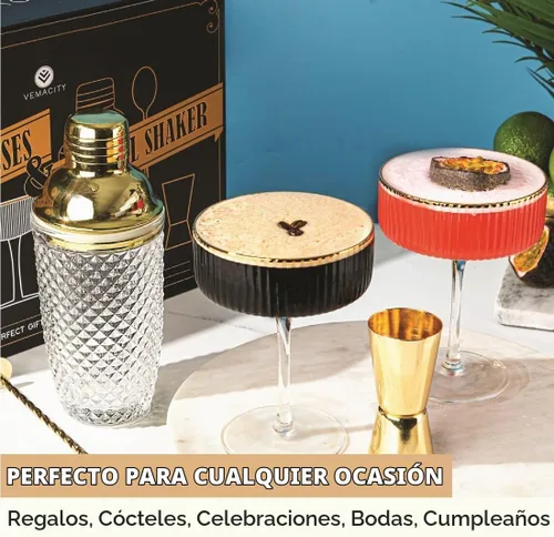 Vista 3 de VEMACITY - Regalos de lujo de Martini Espresso Juego de coctelera dorada + 2 copas de Martini Espresso - Kit de cóctel con colador integrado