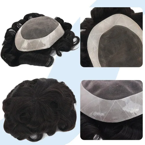 Vista 4 de Peluca de hombre Toupee fina mono y poliuretano para hombre, prótesis capilar duradera, sistema de reemplazo de cabello natural, peluca masculina