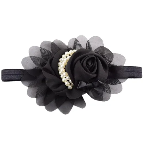 Vista 3 de 2 diademas negras para bebé niña con perlas y flores de perlas, accesorios de banda para el pelo para niños pequeños (FD48-negro)