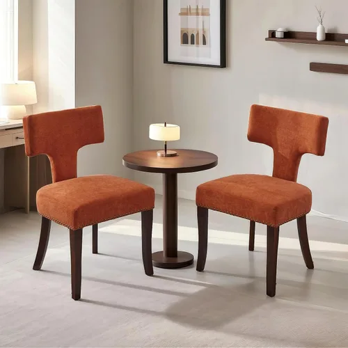 Vista 16 de SoarFlash Juego de 2 sillas de comedor modernas de madera, silla tapizada de tela de lino de granja, respaldo curvado con clavos de cobre alrededor