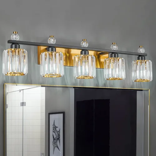 Vista 22 de Luces de Tocador de Baño de 3 Luces, Placado Negro, Modernas Luces de Tocador de Cristal para Baño, Luces de Tocador de Cristal para Usar Sobre