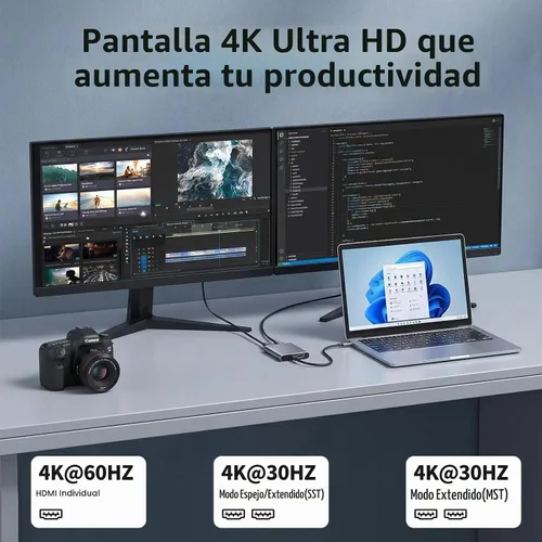 Vista 5 de Adaptador USB C a HDTV dual, adaptador multipuerto USB C de 4K a 60 Hz con 2 HDMI, USB 3.0, 100 W PD, macOS solo permite modo espejo, Windows