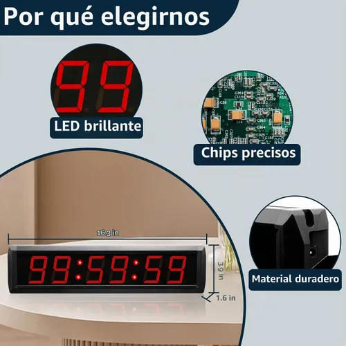 Vista 2 de Reloj de pared digital grande con control remoto, cronómetro LED, cuenta regresiva, cuenta regresiva, reloj de hora conmutable de 12/24 horas