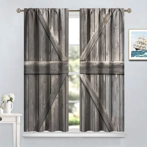 Vista 4 de Cortinas rústicas para dormitorio, puerta de granero antigua, tablero de madera, cortinas para sala de estar, madera rural dura, estilo rural