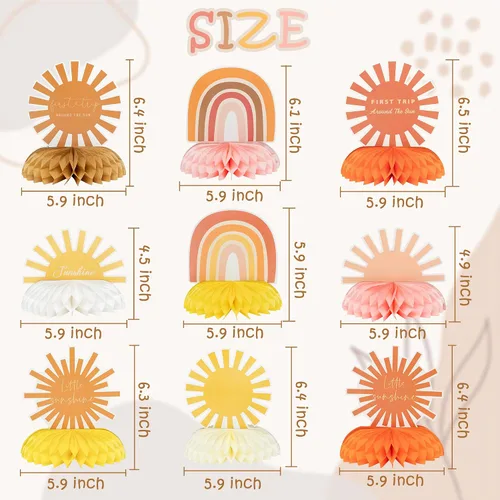 Vista 3 de 9 piezas de centro de mesa boho con forma de panal de abeja, decoración de mesa hippie arcoíris apagado, decoración de mesa de primer viaje