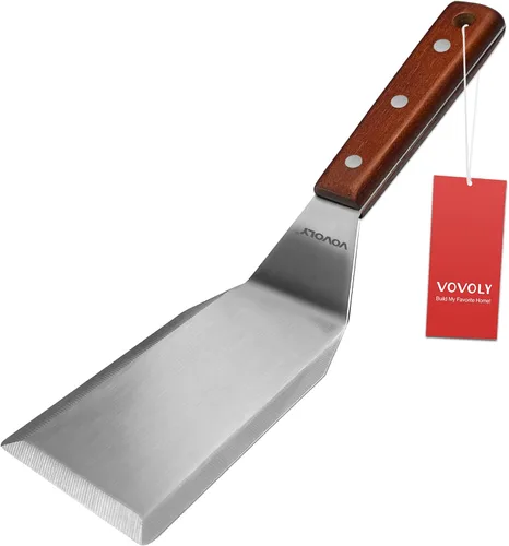 Vista 9 de Espátula de metal profesional para sartenes de hierro fundido y parrillas de parte superior plana, mango de silicona de espiga completa, hoja