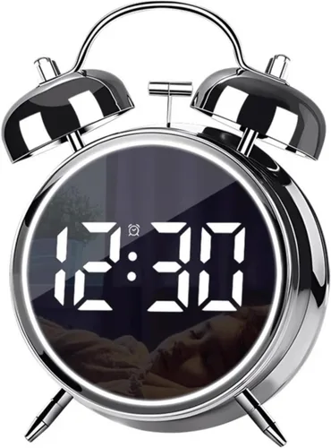 Vista 8 de Pequeño reloj despertador electrónico LED de doble campana, reloj despertador de metal ruidoso para dormir pesado, reloj despertador digital