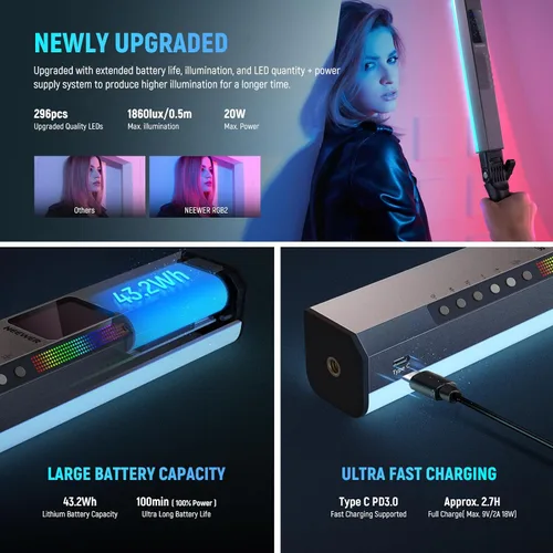 Vista 5 de NEEWER Barra de Luz LED RGB2 con Puerta de Granero de Metal, Mango, Barra Táctil/APP/Control 2.4G, Luz de Video RGB Magnética Recargable de Mano