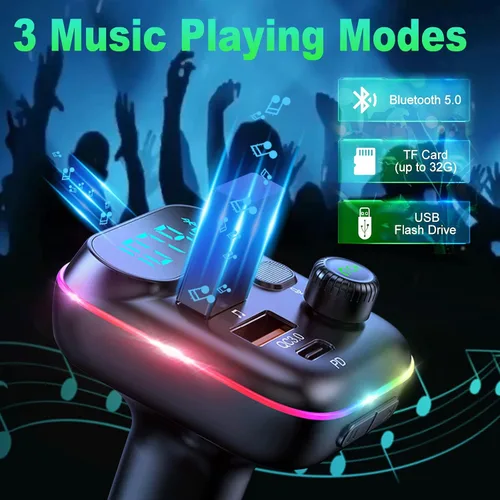 Vista 6 de Transmisor FM Bluetooth mejorado con robot VR para coche, adaptador inalámbrico Bluetooth 5.0 FM para coche con puertos USB duales, compatible