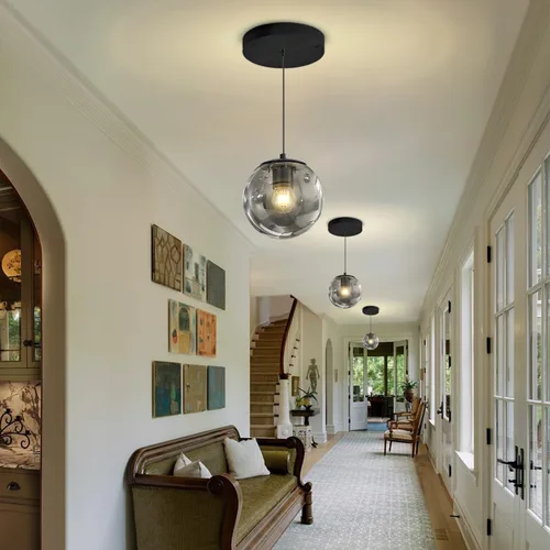 Vista 4 de ykolupty Lámpara colgante negra de 1 luz moderna de globo de vidrio gris ahumado, luces colgantes para isla de cocina, luces colgantes ajustables