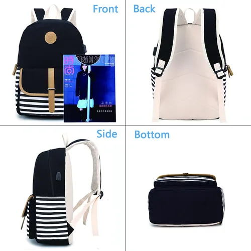 Vista 5 de Mochila escolar para adolescentes y mujeres, lindo juego de mochila universitaria de lona a rayas con bolsa de almuerzo, bolsa para lápices